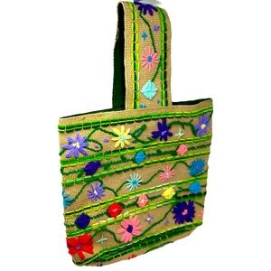 Retro Embroidered Woven Burlap Tote Bag Vintage Floral Festival Boho Hippie